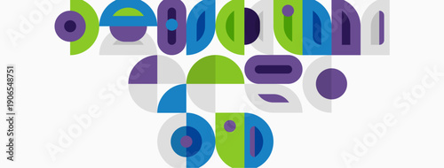 Abstract geometric shapes, circles, rectangles, purple, green, blue hues. Modern design, playful composition, simple forms, flat illustration.