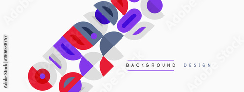 Abstract geometric shapes overlap, creating colorful background. Modern design elements present dynamic visual composition.