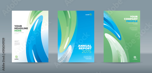 Professional cover template featuring abstract fluid shapes in blue and green gradients with glossy highlights. A4 size book cover template for annual report, magazine, booklet, proposal, portfolio