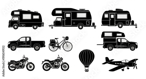 Collection of Silhouetted Vehicles and Transportation Modes.