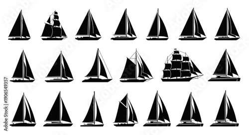 Collection of Silhouetted Sailboats in Various Designs.