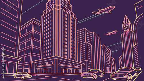 Neon eighties cityscape illustration with airplanes flying above busy streets below