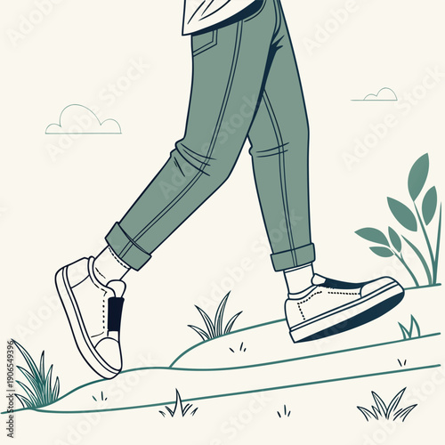 Person walking outdoors wearing stylish sneakers across rolling green hills illustration