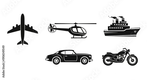 Collection of Silhouetted Transportation Vehicles and Aircraft.