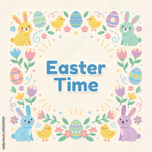 Cute Easter frame with bunnies, chicks, decorated eggs and spring flowers. Pastel cartoon illustration with festive border and copy space, perfect for Easter cards, kids designs and seasonal greetings