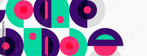 Abstract geometric shapes, vibrant colors, playful design. Composition features overlapping circles, squares, curves. Modern aesthetic.