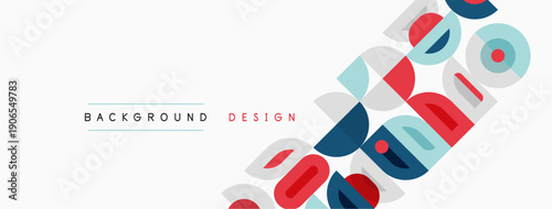 Abstract geometric shapes overlap, creating dynamic background. Colors include red, blue, teal, gray. Minimalist design with text elements.