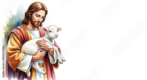 A watercolor illustration of Jesus Christ holding a young lamb in his arms—a symbol of faith, hope, and spirituality. Ideal for religious publications, Easter, Christmas, and Christian holidays. Copy 