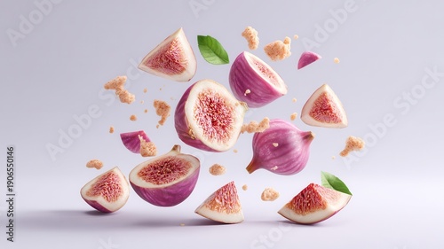 Fresh figs in dynamic arrangement with splashing syrup, showcasing vibrant juicy color texture