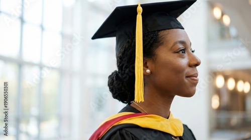Confident female graduate wearing academic gown and mortarboard,side profile portrait in university interior,education achievement,career success and future opportunity concept