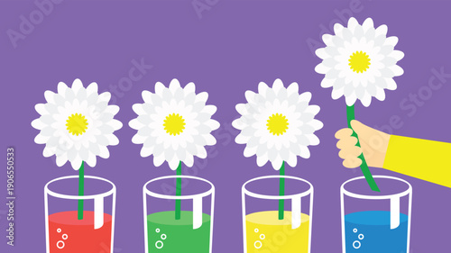 Illustration of daisies in a glass on a purple background