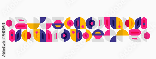 Abstract geometric shapes, vibrant colors, minimalist design. Composition features repeating patterns, playful forms, modern aesthetic.