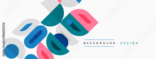 Abstract shapes overlap, creating dynamic visual texture. Pink, blue, teal colors dominate white background. Simple design elements present.