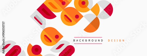 Abstract geometric shapes overlap, creating dynamic visual texture. Red, orange, gray tones dominate neutral background. Modern design element.