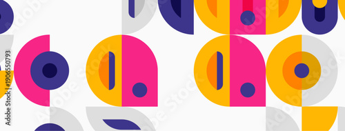 Geometric pattern features colorful circles, squares, rectangles. Shapes overlap creating playful, modern design. Bright hues dominate composition.