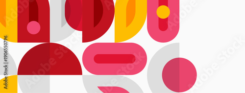 Abstract geometric shapes overlap, creating vibrant composition. Red, yellow, pink, gray tones dominate design. Minimalist style.