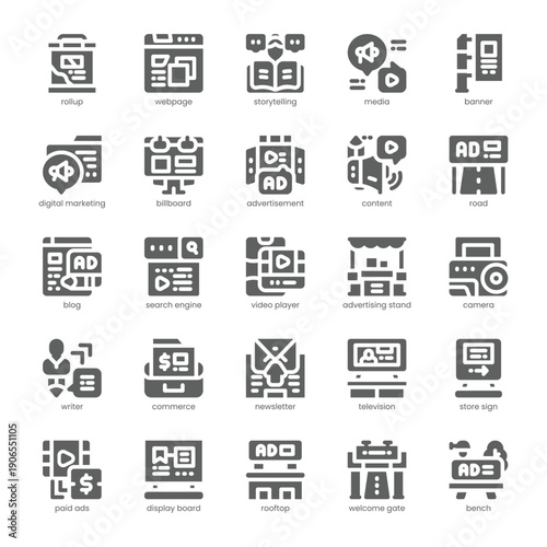 Advertising Tool Icon pack for your website, mobile, presentation, and logo design. Advertising Tool Icon solid design. Vector graphics illustration and editable stroke.
