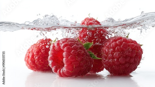 Red raspberries immersing into refreshing clear water, actively washing and creating dynamic and splash bubbles vibrant