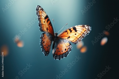 Vibrant butterfly in mid-flight showcasing stunning orange and black wings