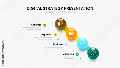 Service Profile 4 Option Diagram Slide Layout. Advertising Overview Four Step Graph Slideshow Design. Elegant Introduction Frame Template Vector Illustration.