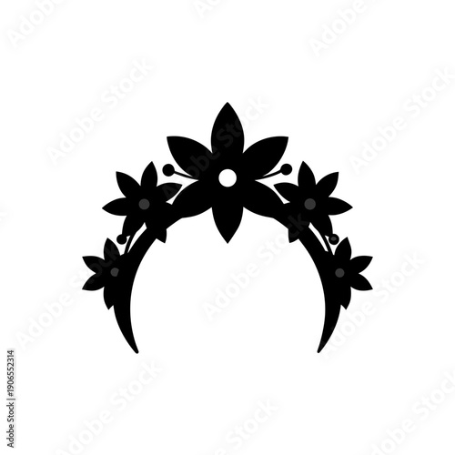 Elegant black crescent moon adorned with symmetrical stylized floral designs.