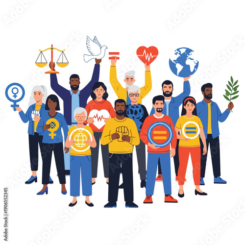 Diverse group of people holding social justice symbols on World Day of Social Justice with a hopeful mood.