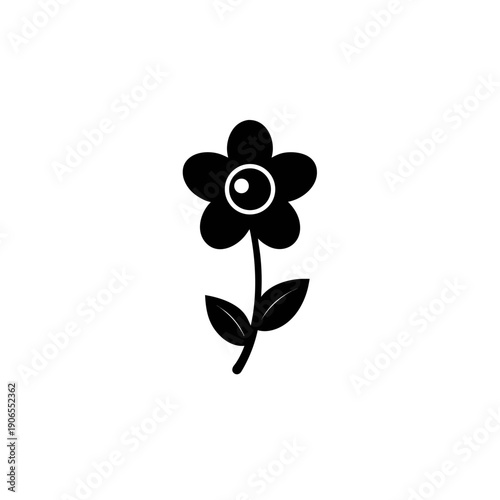 Minimalist black and white illustration of a simple flower with a single stem and leaf