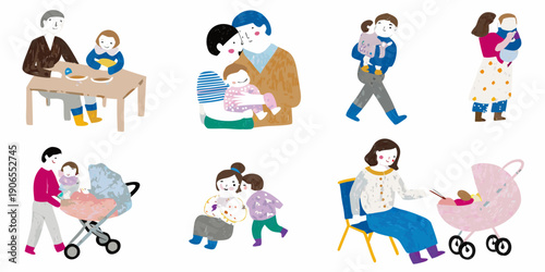 Illustrations depicting diverse families and tender moments of parental care
