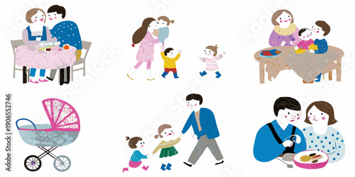 Illustrations of families engaging in everyday activities and showing affection