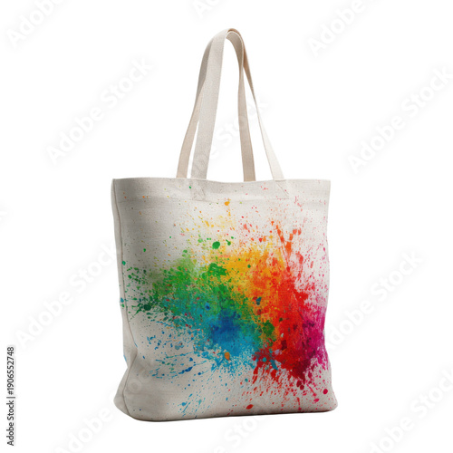 White canvas tote bag with colorful paint splatter design isolated PNG with Transparent Background