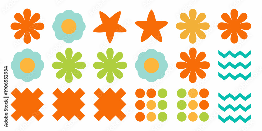 Obraz premium Colorful geometric shapes and floral patterns arranged in neat rows