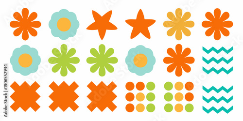 Colorful geometric shapes and floral patterns arranged in neat rows