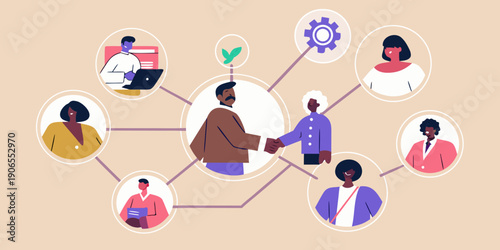 Diverse group of people connected by lines forming a network illustration
