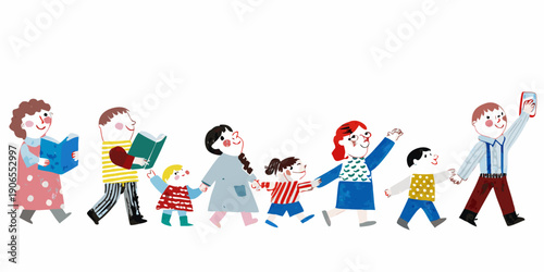 A colorful illustration depicts a line of people reading books