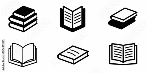Black and white icons depicting various open and closed books