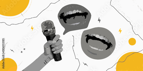 Illustration of a hand holding a microphone near a face with exaggerated features