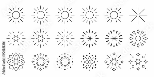Collection of linear sunburst and star icons in various styles