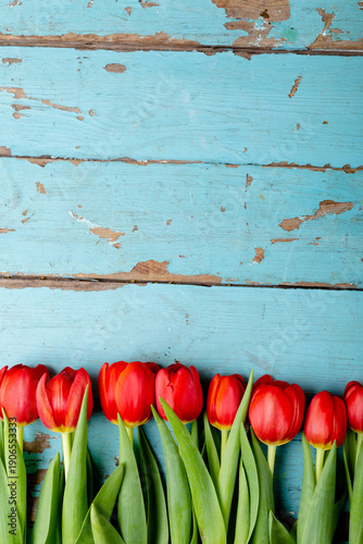 Overhead view of fresh red tulips arranged on blue old table, copy space