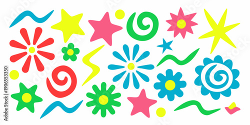 Colorful abstract shapes and floral designs on a white background