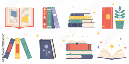 Colorful stack of open and closed books with plant elements