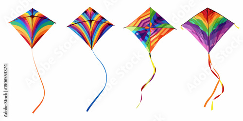 A collection of vibrant colorful diamond shaped kites against a white background