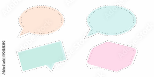 Four pastel speech bubbles and text boxes with dashed borders