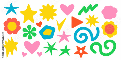 Colorful assortment of playful shapes and symbols arranged against a white background