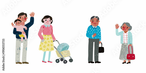 A colorful illustration depicting four generations of a family group