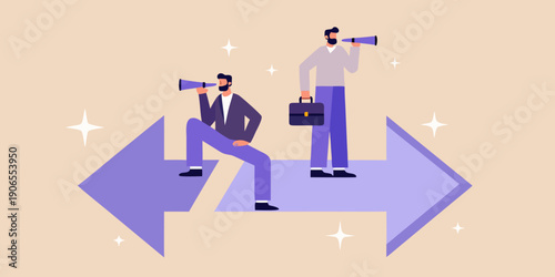 Two businessmen contemplate diverging paths using binoculars for future vision