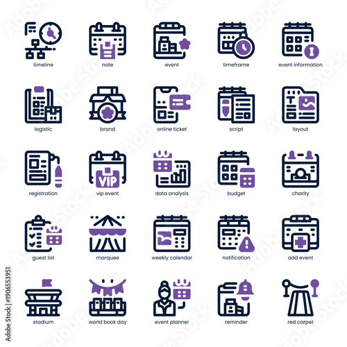 Event Planning Icon pack for your website, mobile, presentation, and logo design. Event Planning Icon dual tone design. Vector graphics illustration and editable stroke.