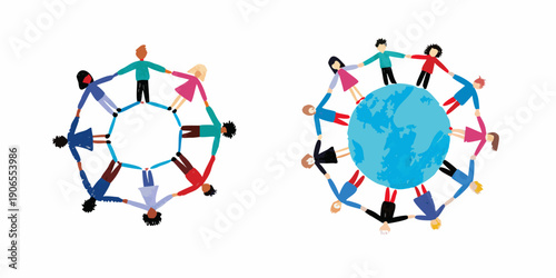 People holding hands in a circle around the earth representing global unity
