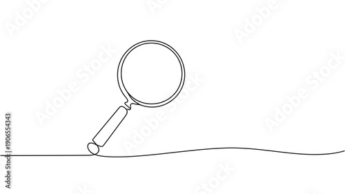 Minimalist continuous line drawing of a magnifying glass on a white background