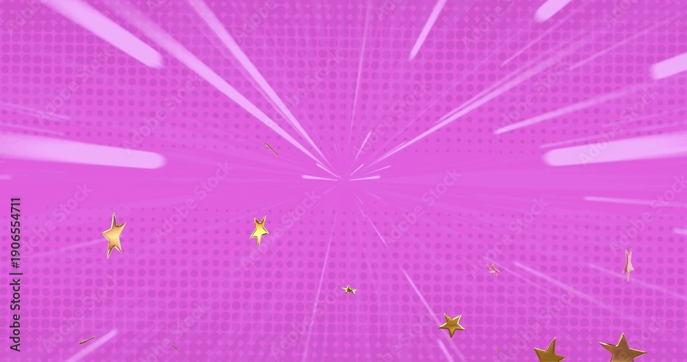 Fototapeta premium Showing magenta radial burst art radiating light streaks in comic banner, with gold stars, halftone