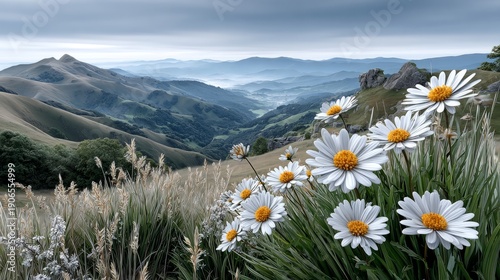 Wallpaper Mural Blooming flowers in a valley surrounded by mountain slopes and distant hills Torontodigital.ca